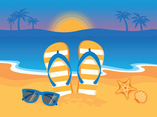 Beach with flip flops, sunglasses and starfish vector illustration. Summer background with flip flops on the beach drawing. Tropical vacation and travel concept