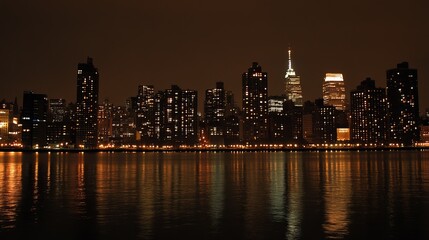 Fototapeta premium Night cityscape reflected in calm water, showcasing illuminated skyscrapers and a tranquil atmosphere