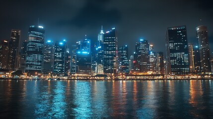 Naklejka premium Night cityscape reflected in calm water, showcasing illuminated skyscrapers and urban lights