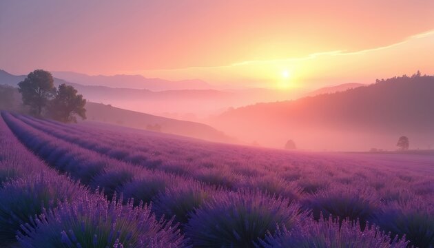 Sunrise over lavender field in mist, scenic landscape. Dawn colors, pink sky. Purple flowers, rows of lavandula. Rural nature scenery, calm, peaceful. Morning meadow, horizon, outdoors, relaxation,