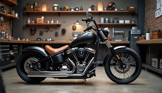 Custom motorcycle in workshop. Black bike with chrome parts, leather. Motorcycle workshop interior. For enthusiast, designer. Chrome parts, engine, wheel, powerful. Transportation, bike ride, speed,