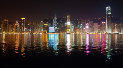 Obraz premium Night cityscape reflecting in calm waters; vibrant lights illuminate skyscrapers and hills