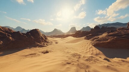 Scenic desert landscape with sand dunes, rocky formations and vast open horizon