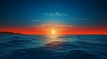 Obraz premium A bold, fiery orange moon slowly rising over dark ocean waves, the horizon glowing with warm colors that fade into the deep blue night, small waves catching reflections of the moonlight.