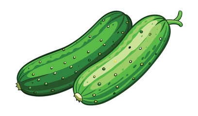 Photo of two vibrant green cucumbers, isolated on white background, lie side by side, showcasing their fresh, speckled skin