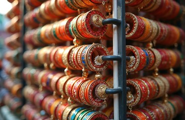 Colorful Indian bangles Charminar Hyderabad market display. Unique wedding jewelry designs with thread embroidery and traditional artwork. Indian craftsmanship, fashion accessory, bridal wear gift.