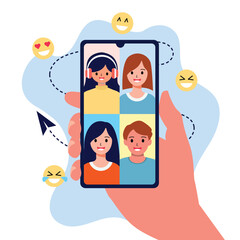 Illustration of a group video call via smartphone. Online communication, virtual conference, digital friendship, modern technology.