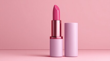 A pink lipstick is displayed on a pink background