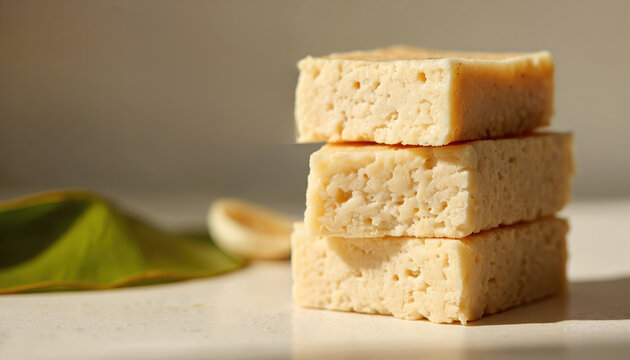 Fresh tempeh blocks stacked on a light background. Plant-based protein source for healthy cooking. Vegetarian or vegan ingredient in meals, culinary dish. High-protein ingredient for diet.
