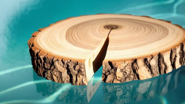 Wooden log slice with a removed section floating on rippled aquamarine water, creating a calm and minimalistic abstract composition.