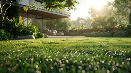 Obraz premium Spacious brick house with well - manicured lawn, lush garden, and clear blue sky in suburban neighborhood