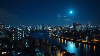 Night cityscape with river, bridge, and moonlit skyline.  Buildings, lights, and water reflect urban glow