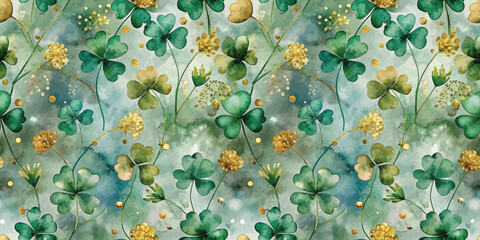 Beautiful watercolor pattern featuring green clovers and golden flowers.