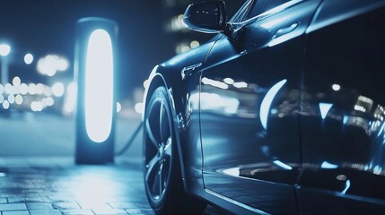 Electric Vehicle Charging at Station with Cityscape Reflections at Night