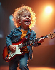 Obraz premium Little rock star child plays electric guitar on stage. Joyful, expressive kid with curly hair smiles and laughs. Musical performance, entertainment, passion, happy expression, fun activity.