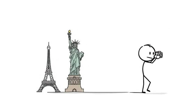 Stick figure illustration with eiffel tower and statue of liberty