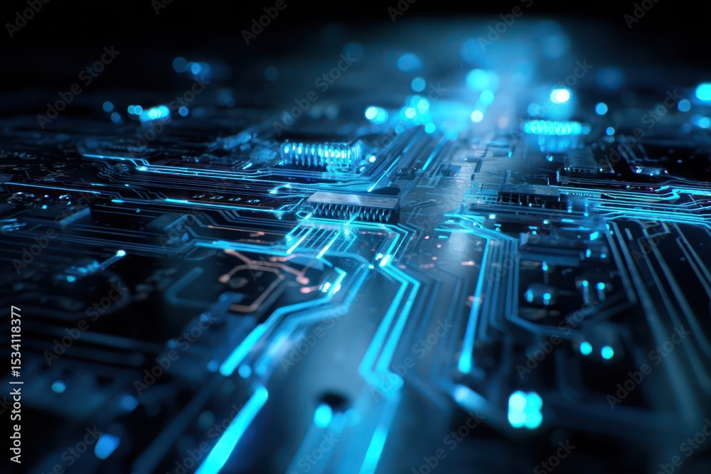 Poster digital circuitry visualized with glowing blue connections, representing a high-tech network of data
