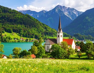 Picturesque church by a lake, mountains in background