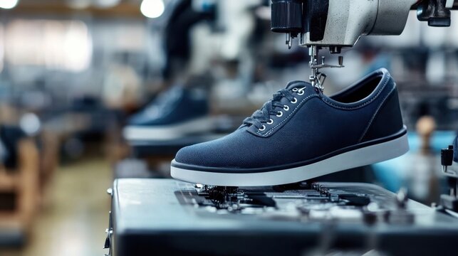 Close-up of industrial sewing machines stitching athletic shoe uppers in a factory
