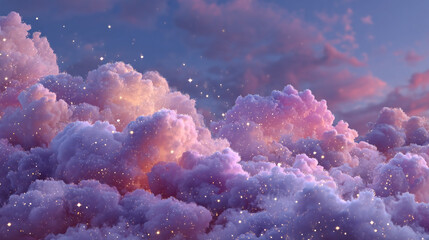 A dreamy sky filled with fluffy clouds in shades of pink and purple with sparkles