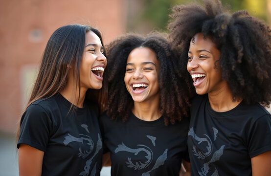 Three joyful black teenage girls laugh together outside. Group of smiling young female friends in black t-shirts. Happy young women. Friendship, youth, happiness concept.