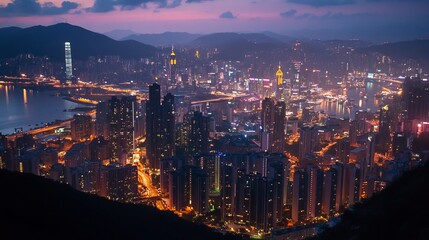 Panoramic twilight view of a dense, vibrant city nestled between mountains and a body of water, illuminated by countless lights