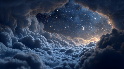 A view of the night sky with stars and a crescent moon framed by fluffy clouds