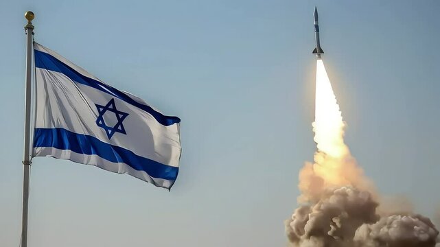Israeli flag waves on left under clear sky as missile launches on right with flames and smoke. Bright fire contrasts with gray smoke. High-res photo showing power, tension, and movement.


