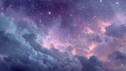 A view of a starry night sky with clouds in shades of blue purple and pink hues