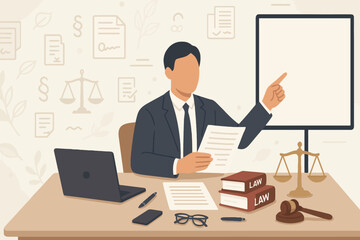 Faceless legal counsel character reading documents at office desk with laptop law books gavel scales whiteboard flat vector illustration