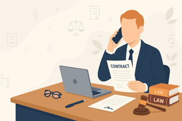Faceless legal counsel character on phone call discussing contract with laptop law books gavel scales flat vector illustration