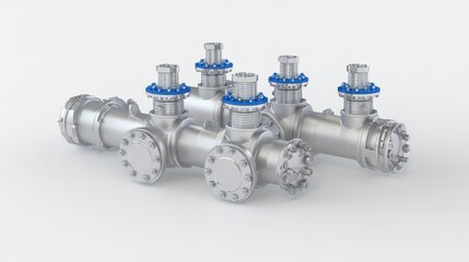 Obraz premium Industrial valve system with steel pipes placed on white isolated surface