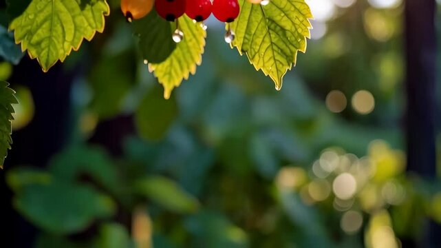Clusters of ripe red and yellow currants hanging from a branch with lush green leaves, glistening water droplets, bathed in warm sunlight.