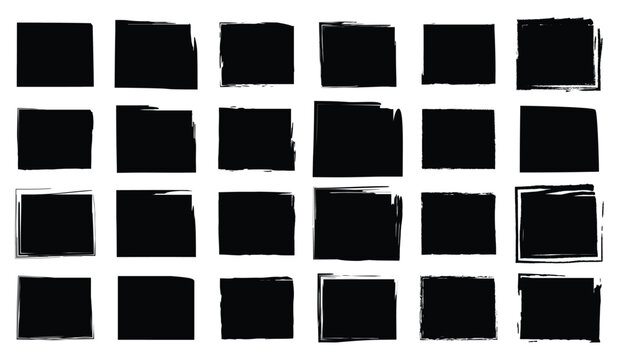 Unique sketch-style frame collection of twenty black square designs with variation in edge texture and ink line quality for a hand crafted effect.


