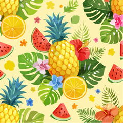 Colorful pineapple, watermelon, lime, hibiscus and tropical leaf seamless pattern for summer background