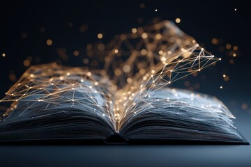 Low-poly wireframe open book on a digital screen, symbolizing digital learning and innovation.