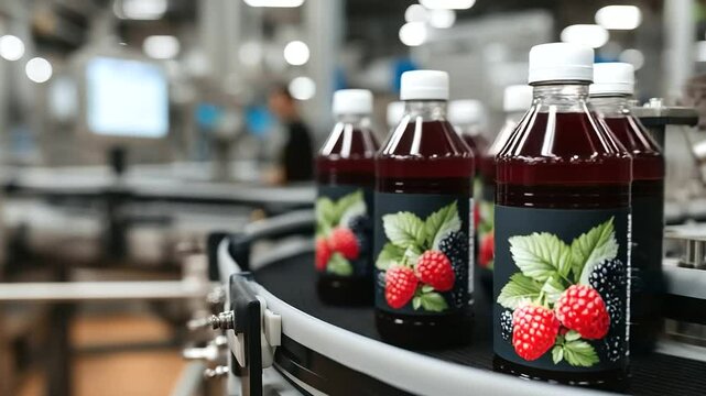 Conveyor belt filled with vibrant red bottles of freshly pressed berry juice, strawberries and raspberries illustrated on labels, in a modern bottling plant