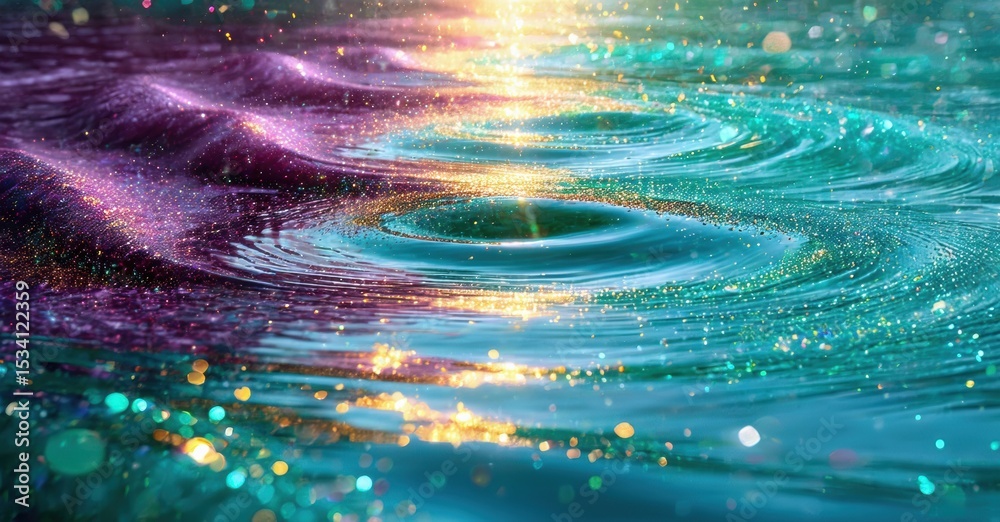 Poster Vibrant water surface. Ripples radiate from center, colorful light reflects, creating magical effect. Sparkles add dynamic texture.