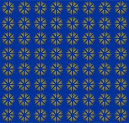 A seamless geometric pattern of golden starbursts radiating against a rich royal blue background, creating a sense of symmetry, luxury, and traditional elegance.