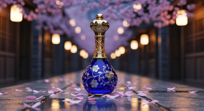 An exquisite, ornate blue and gold Arabian perfume bottle, adorned with floral patterns, stands elegantly on a wooden surface scattered with pink cherry blossom petals