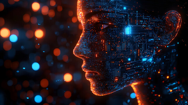 Digital Human Head with Circuitry and Bokeh Background