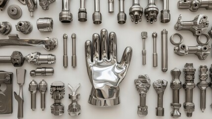 Obraz premium Stainless steel welding tools and gloves placed symmetrically on white background