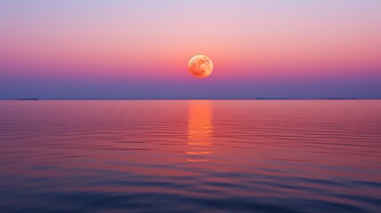 A glowing orange moon rising just above the seaa??s horizon, casting a wide, shimmering golden reflection across calm water, the sky softly transitioning from peach to violet.
