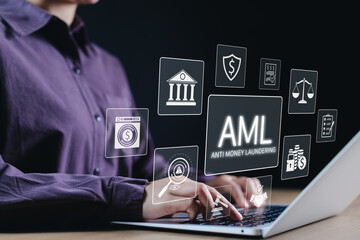AML Anti Money Laundering and Compliance Concept. Businesswoman using laptop with Icons...