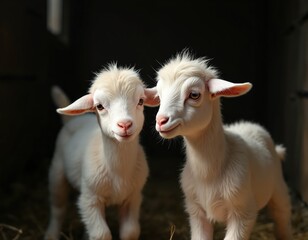 Fototapeta premium Two adorable baby goats from Kozlovka village. White fur, curious eyes. Funny animals, domestic mammals. Young goats on farm. Cute kids, summer time, country life. Perfect for eco and rural themes.