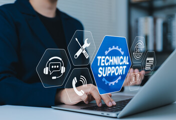 Technical Support and Customer Service Concept. A professional using laptop with icons technical support, including tools, call center, 24 service, calendar schedule, customer communication assistance