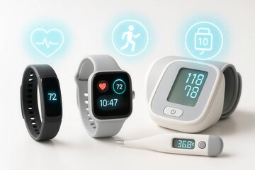 Arrangement of health monitoring devices on a white surface studio