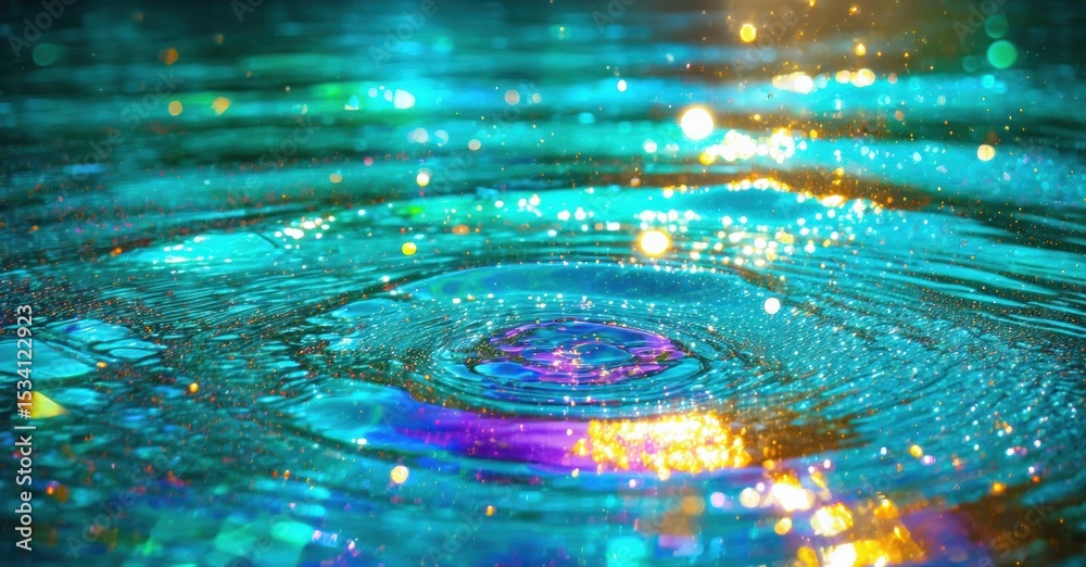Poster vibrant water drop creates colorful ripples. light reflects, sparkles illuminate surface. beautiful,
