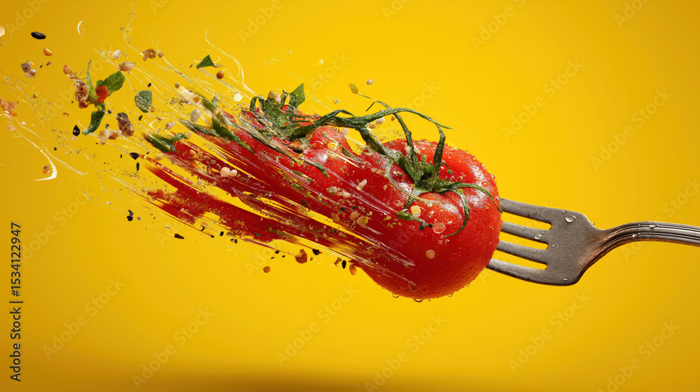 Poster vibrant tomato on fork explodes with spices and herbs against bright yellow background, showcasing d