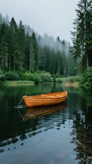 Small Wooden Rowboat on Calm Gray Lake in Misty Forest, canoe on lake, boat on the lake